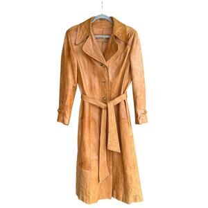 Womens Vintage Leather Trench Coat - Country Pacer -tan - long - belted - size L